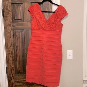 Coral lace tiered v-neck cap sleeve dress